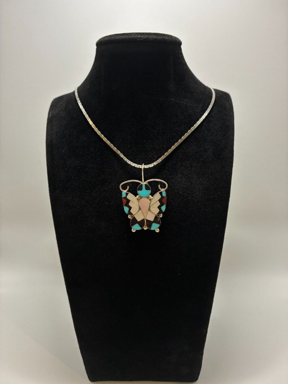 Allison Dishta Zuni Sterling Silver Multi Stone Inlay Butterfly Pendant Necklace